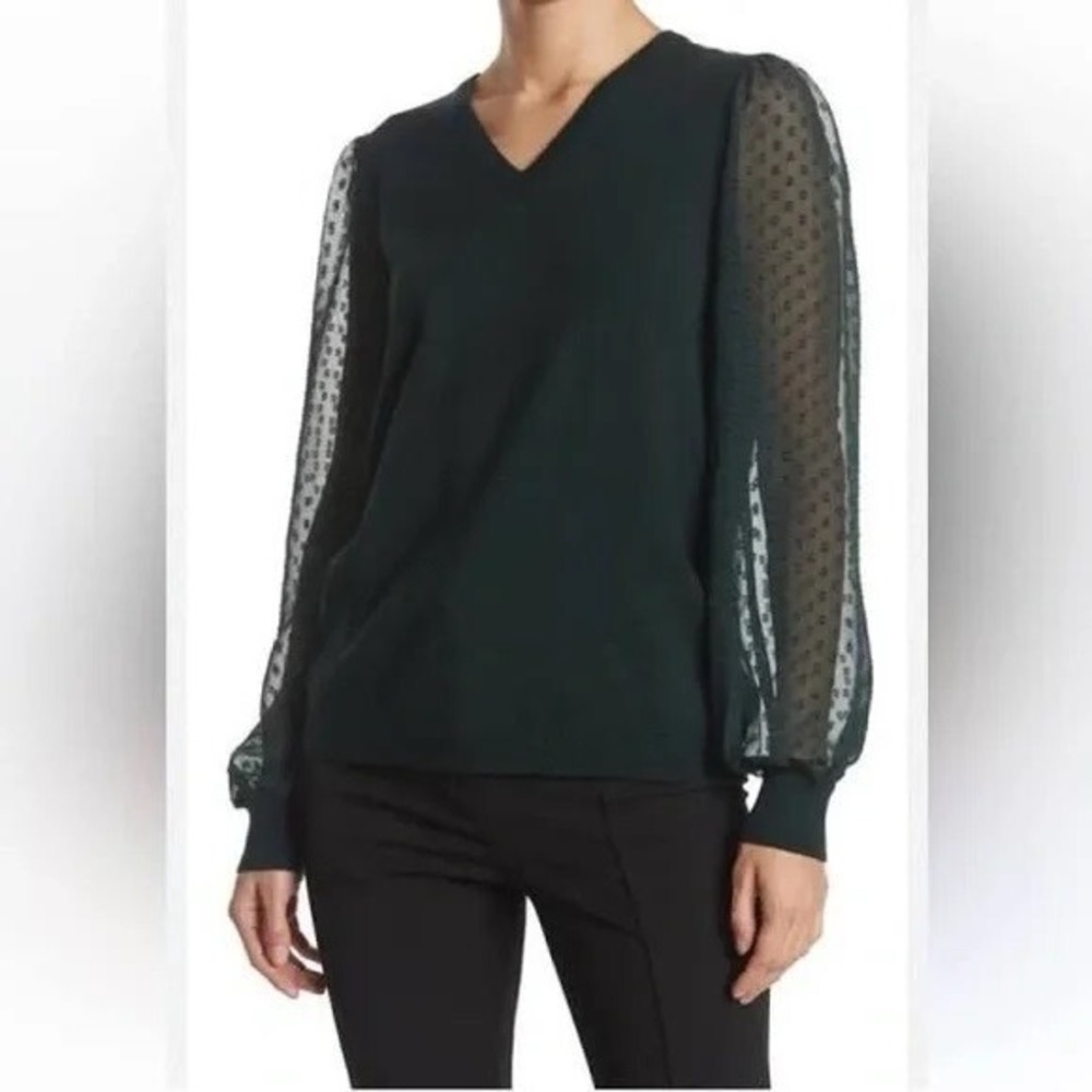 Black Sweater Top Dark Romance Sheer Dot Long Sleeve Ruffle Neck Preppy Career M